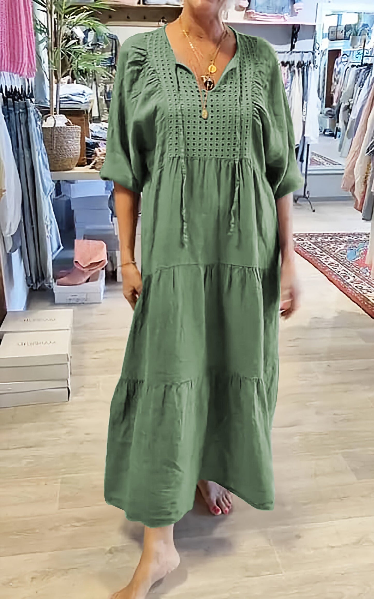 Levoire | Robe Décontractée Femme À Encolure En V De Couleur Unie Vert