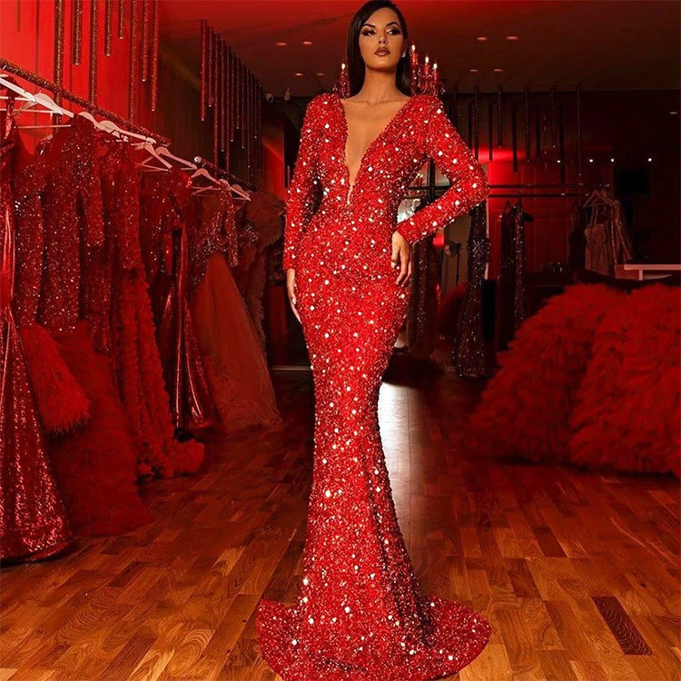 Levoire | Brillant Longue Manche-V décolleté Robe Longue