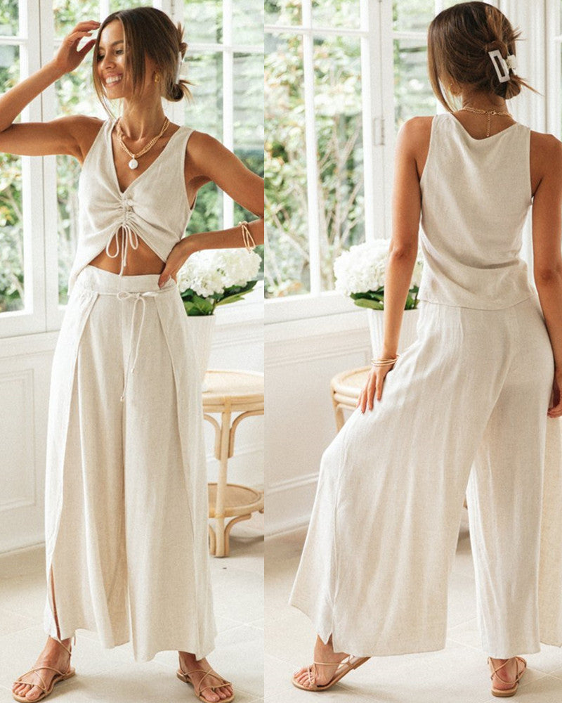 Ensemble Femme Deux Pièces avec Top Court et Pantalons Amples Levoire