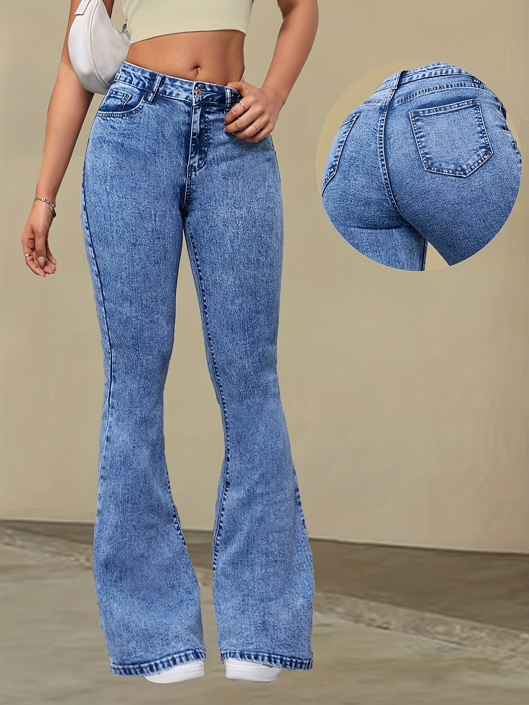 Levoire | Élégant Taille Haute Stretch Denim Flare Jeans Bleu ciel profond
