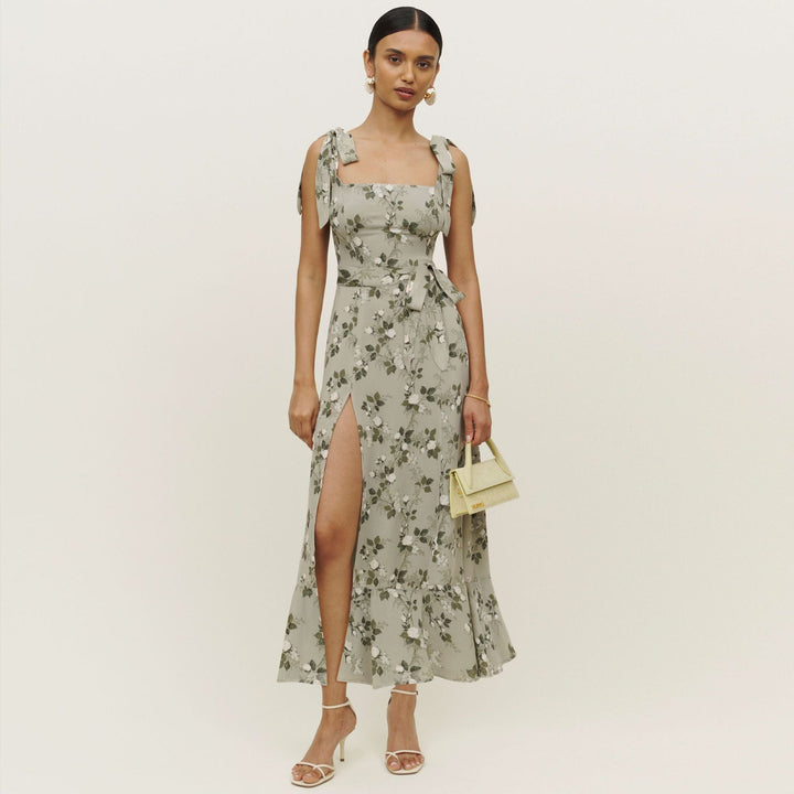 Levoire | Robe Française Longue Décolleté Droit Fentes Verdemilitar