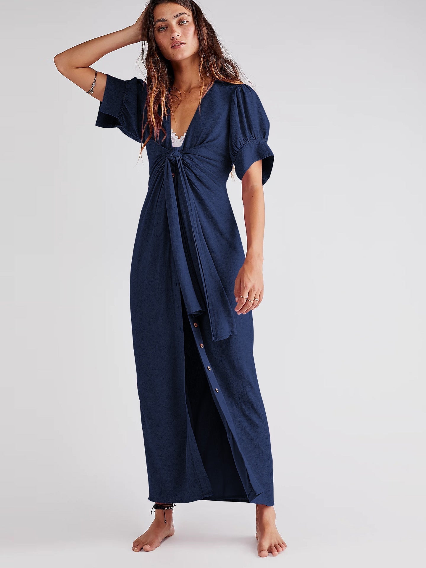 Levoire | Robe Longue Avec Fente Et Décolleté En V Bleu marine