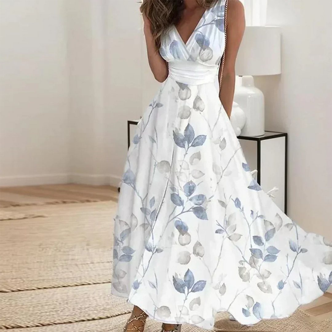 Levoire | Robe D'Été V Décolleté Manches Courtes Robe Décontractée Blanc Bleu clair