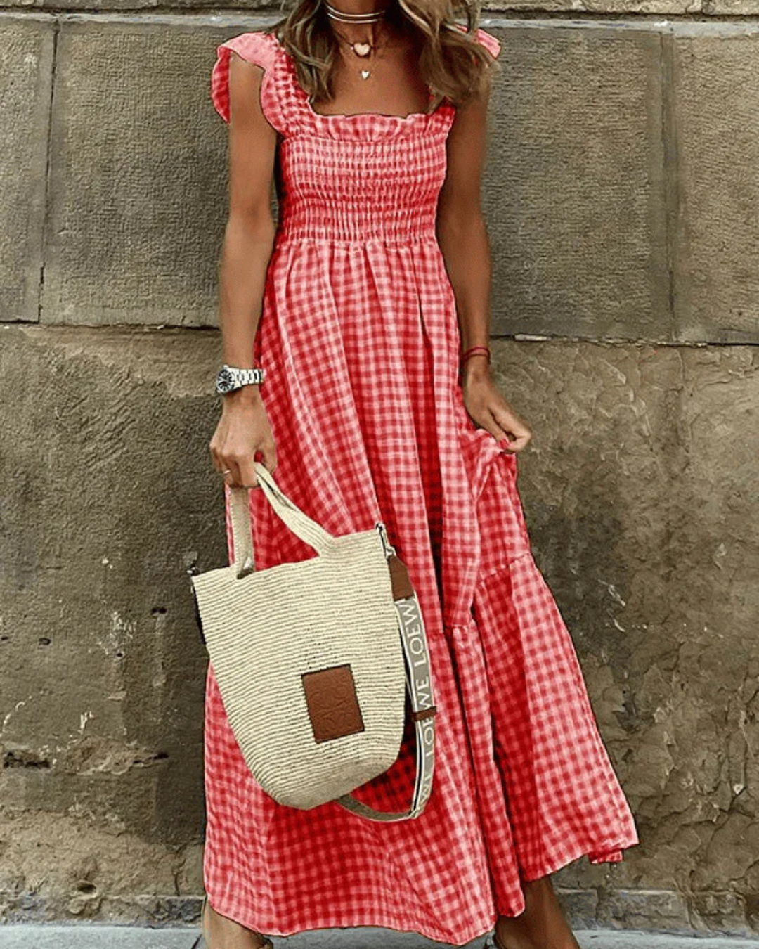 Levoire | Robe maxi été froissée avec motif à carreaux Rot