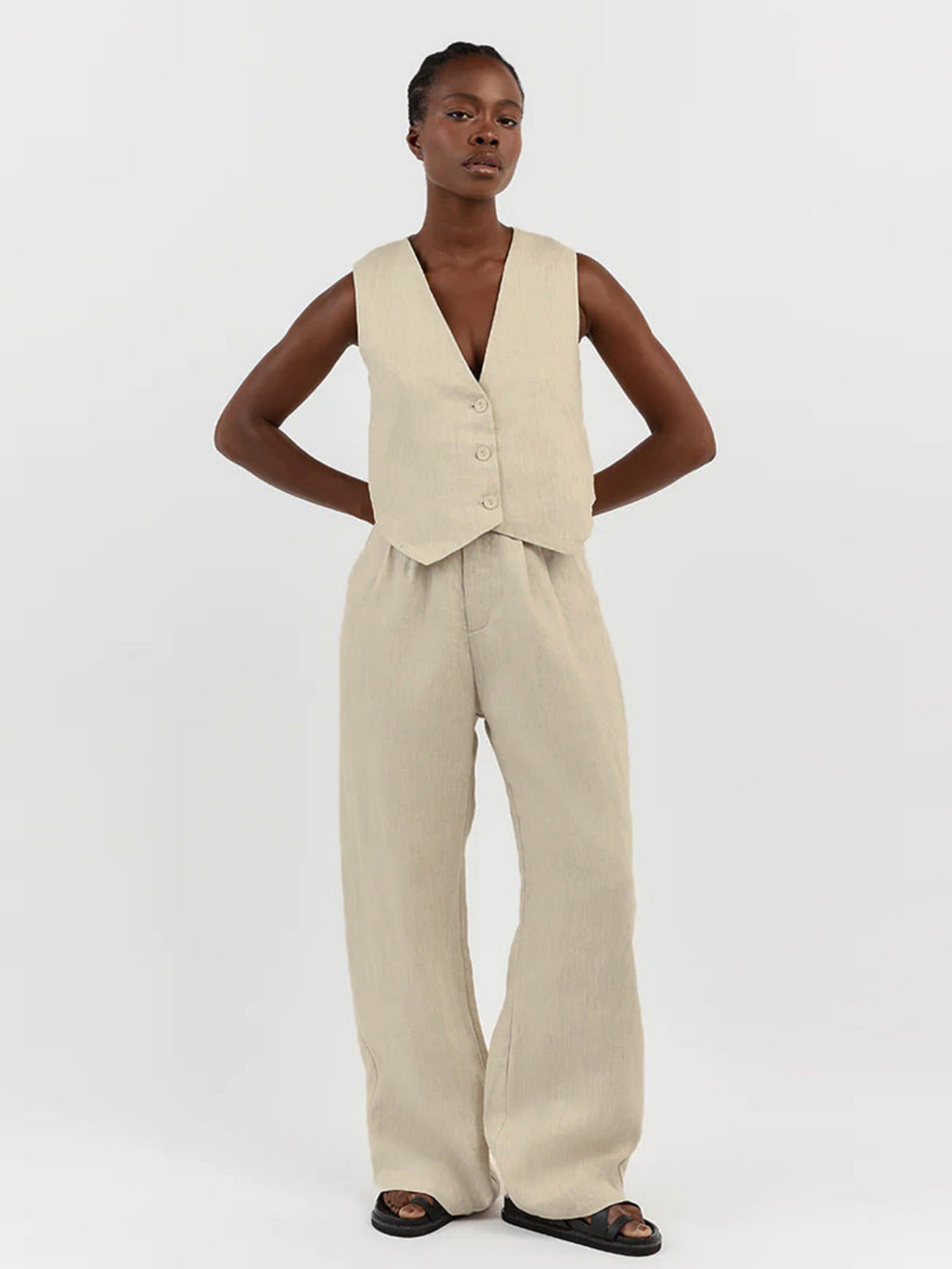 Levoire | Élégant Ensemble De Gilet En Lin Et Pantalon Beige