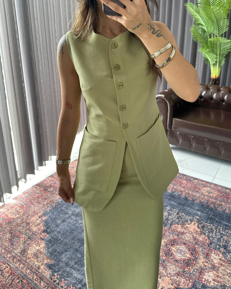 Levoire | Robe Maxi Sans Manches Avec Fermeture À Boutons Vert