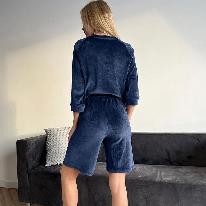 Levoire | Shorts bleus en velours à manches trois-quarts