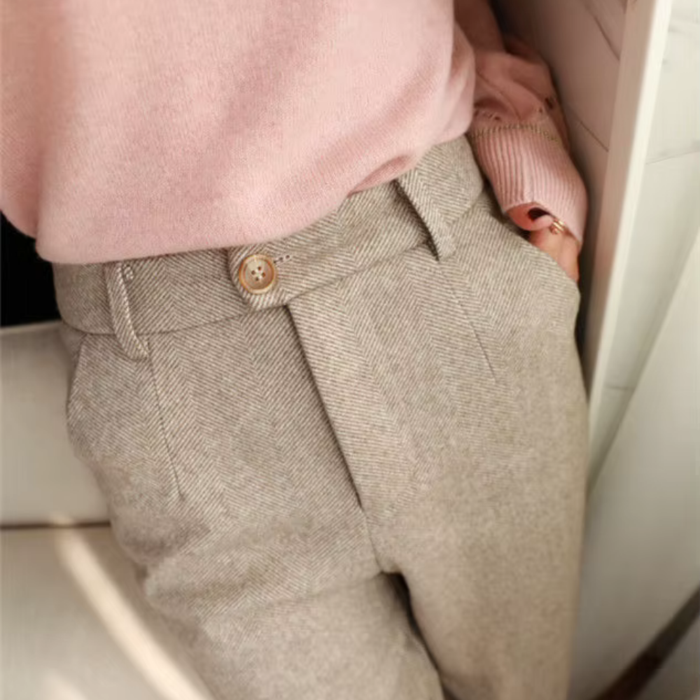 Levoire | Pantalon À Taille Haute Élégant En Tissu À Motif De Pêcheur Beige
