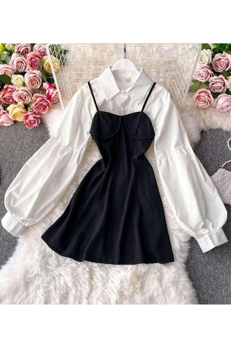 Levoire | Robe avec ceinture, chemisier à manches courtes, manches lanternes, robe à deux pièces