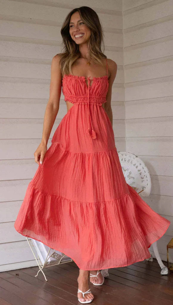 Levoire | Robe longue sans manches pour femme avec coutures et volants Rouge pastèque