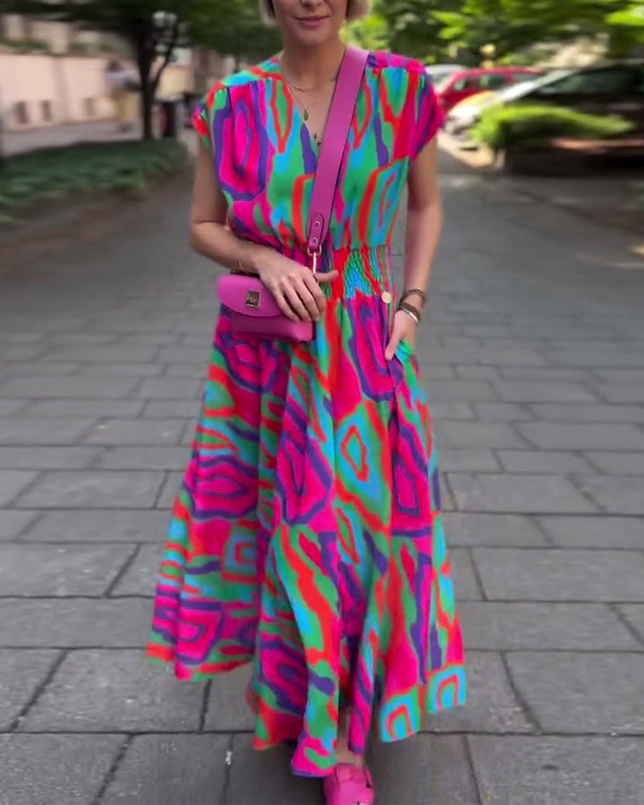 Levoire | Robe Longue À Manches Longues Imprimée Colorée Avec Décolleté En V Multicolore
