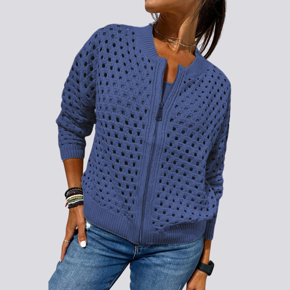 Levoire | Veste Élégante En Tricot À Trous Avec Fermeture Éclair Bleu