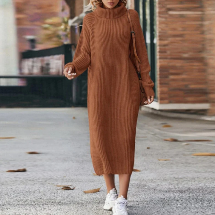 Levoire | Robe midi en tricot avec col roulé pour femmes Caramel