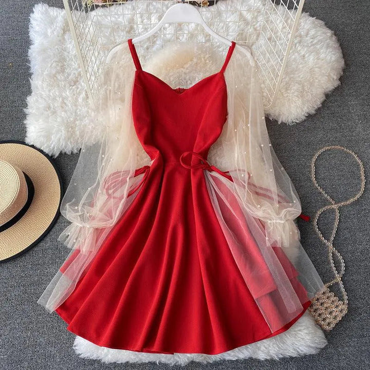 Levoire | Robe en forme A avec des bretelles bouffantes et un décolleté en V Rot Une taille