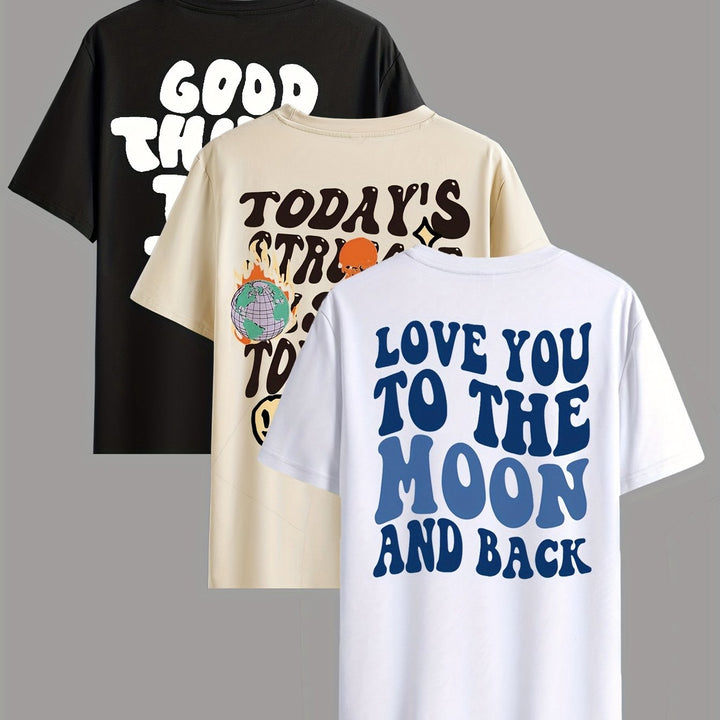 Levoire | 3 T-Shirts Pour Hommes Avec Lettres, Manches Courtes, Col Rond