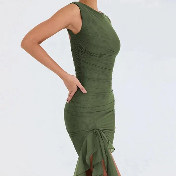 Levoire | Robe De Soirée Noire Avec Des Volants Ludiques Vert