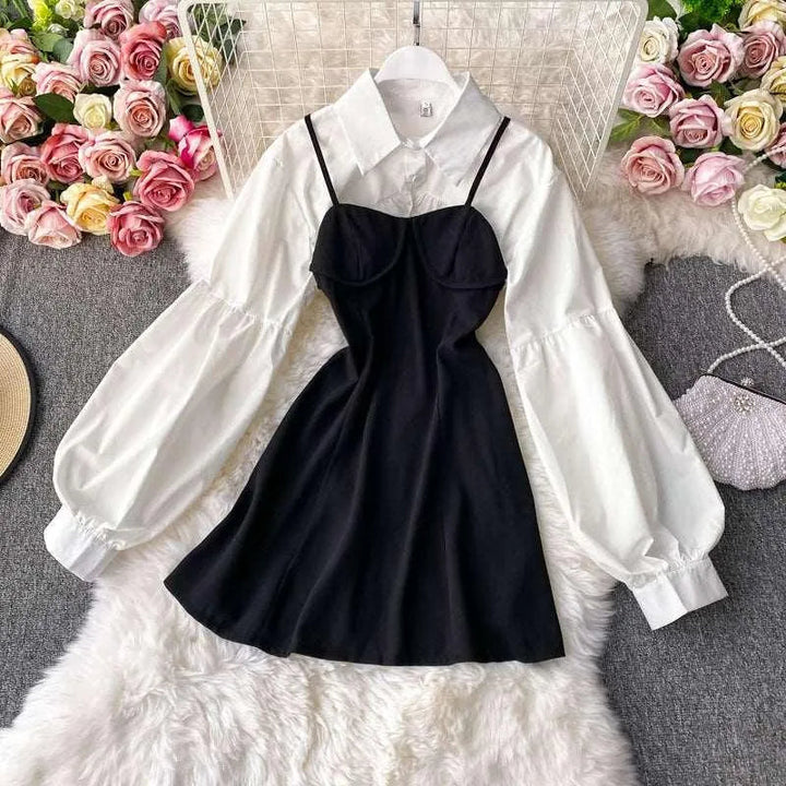 Levoire | Robe avec ceinture, chemisier à manches courtes, manches lanternes, robe à deux pièces Blanc