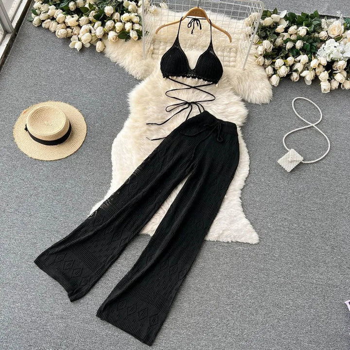 Levoire | Pantalons larges, droits à taille haute avec jambes larges et top Noir Une taille
