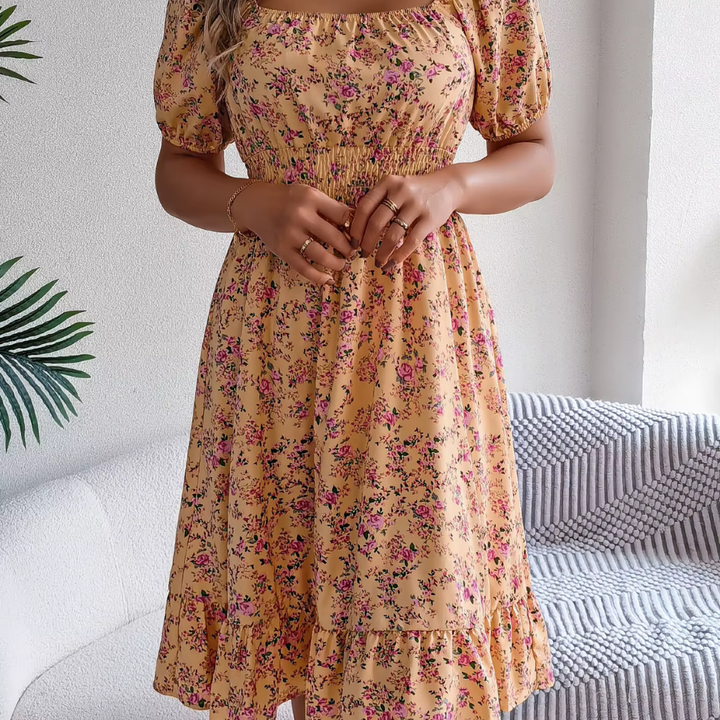 Levoire | Robe Midi Fleur Romantique À Manches Bouffantes Orange