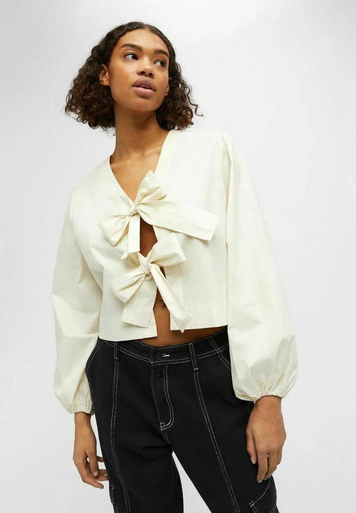 Levoire | Chemise plissée à manches longues dans une couleur unie avec un nœud