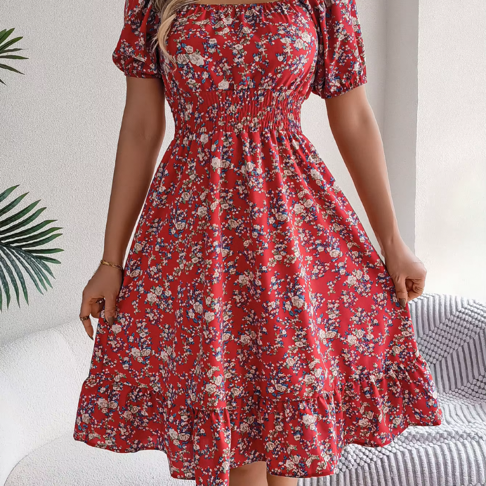 Levoire | Robe Midi Fleur Romantique À Manches Bouffantes Rot