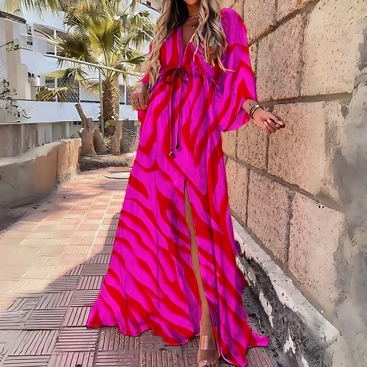 Levoire | Robe Longue Boho Imprimée À Manches Longues De Luxe Avec Ceinture Rosenrot