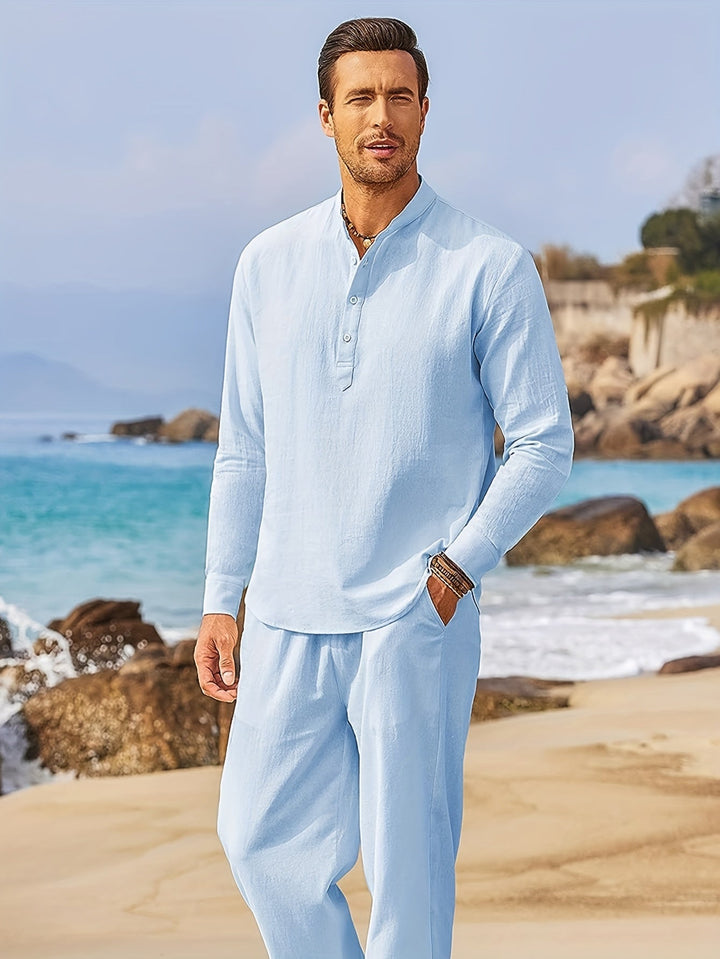 Levoire | T-Shirt Henley Homme Style Rétro À Manches Longues Uni