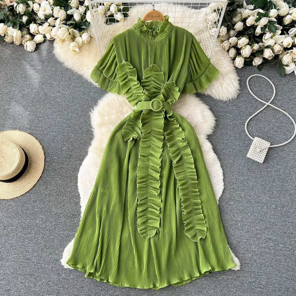 Levoire | Robe maxi à manches longues avec des volants plissés Vert Taille libre