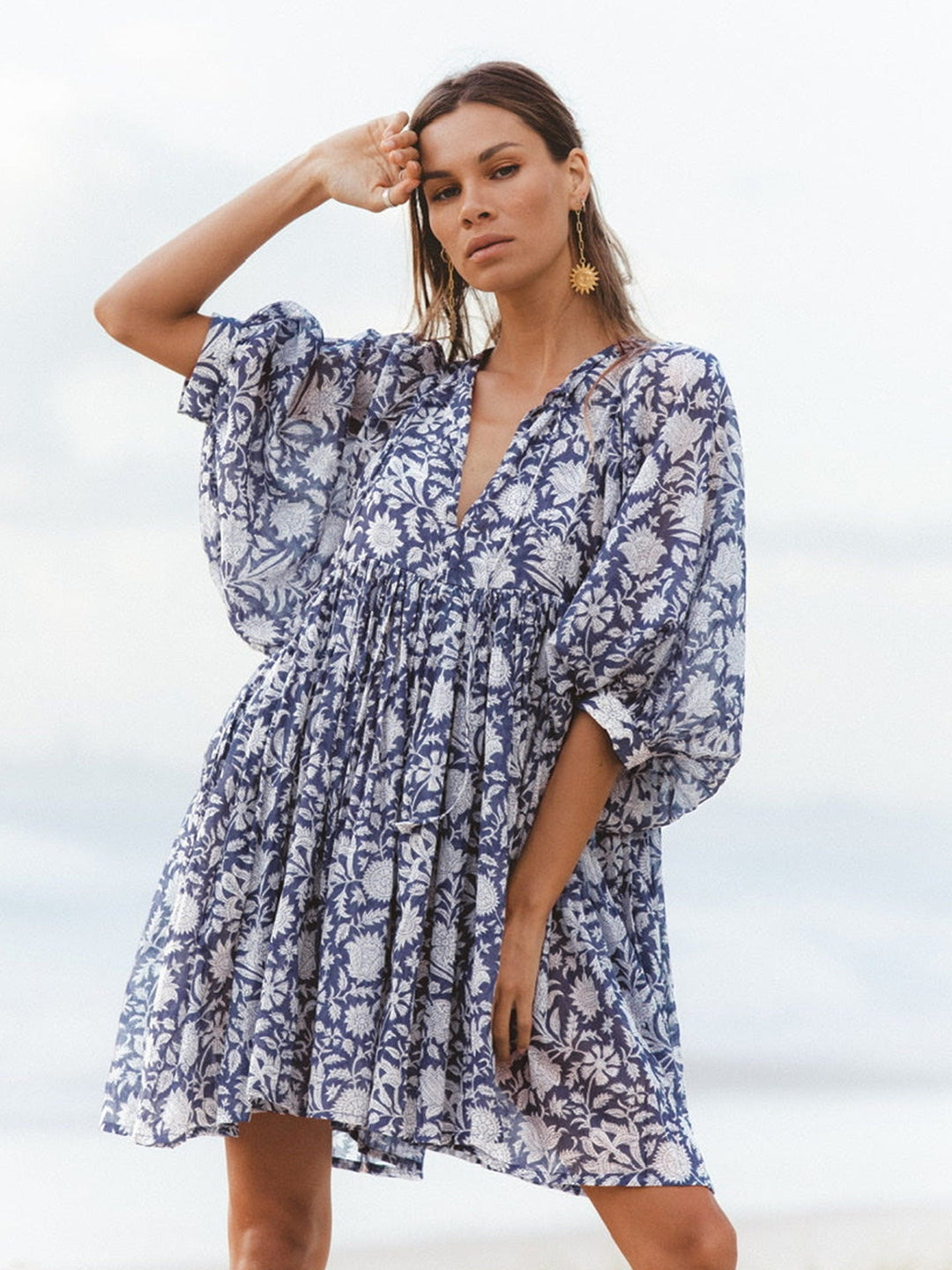Levoire | Robe Courte Florale À Manches Bouffantes Bleu marine
