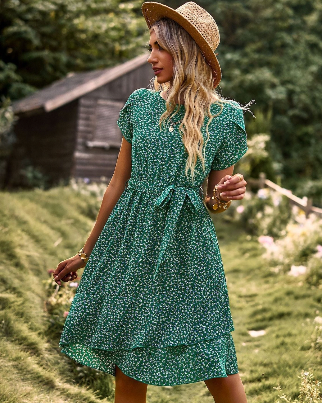 Levoire | Robe À Fleurs Boho Avec Volants Vert