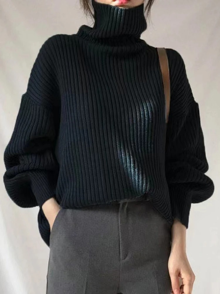 Levoire | Pull femme à col montant, pull oversized à côtes, chaud et élégant Noir