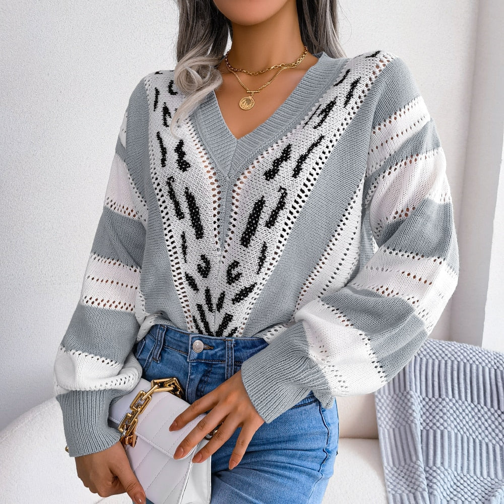 Levoire | Pull Élégant En Léopard Pour Femmes Avec Décolleté En V Gris