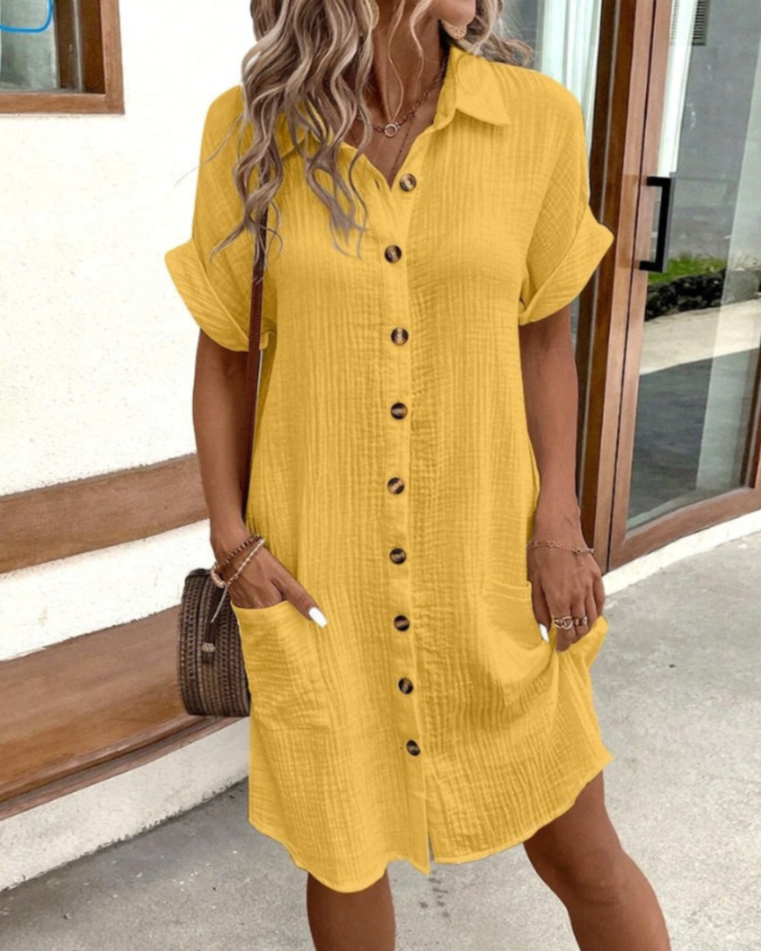 Levoire | Robe Chemise Décontractée Avec Boutons Et Poches Pour Femmes Jaune