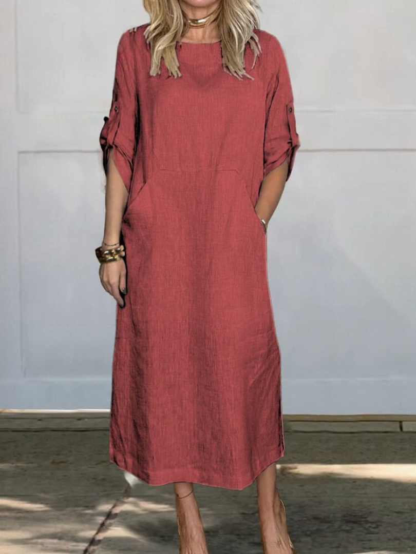 Levoire | Robe En Lin Unie Avec Poches Pour Femmes Rouge