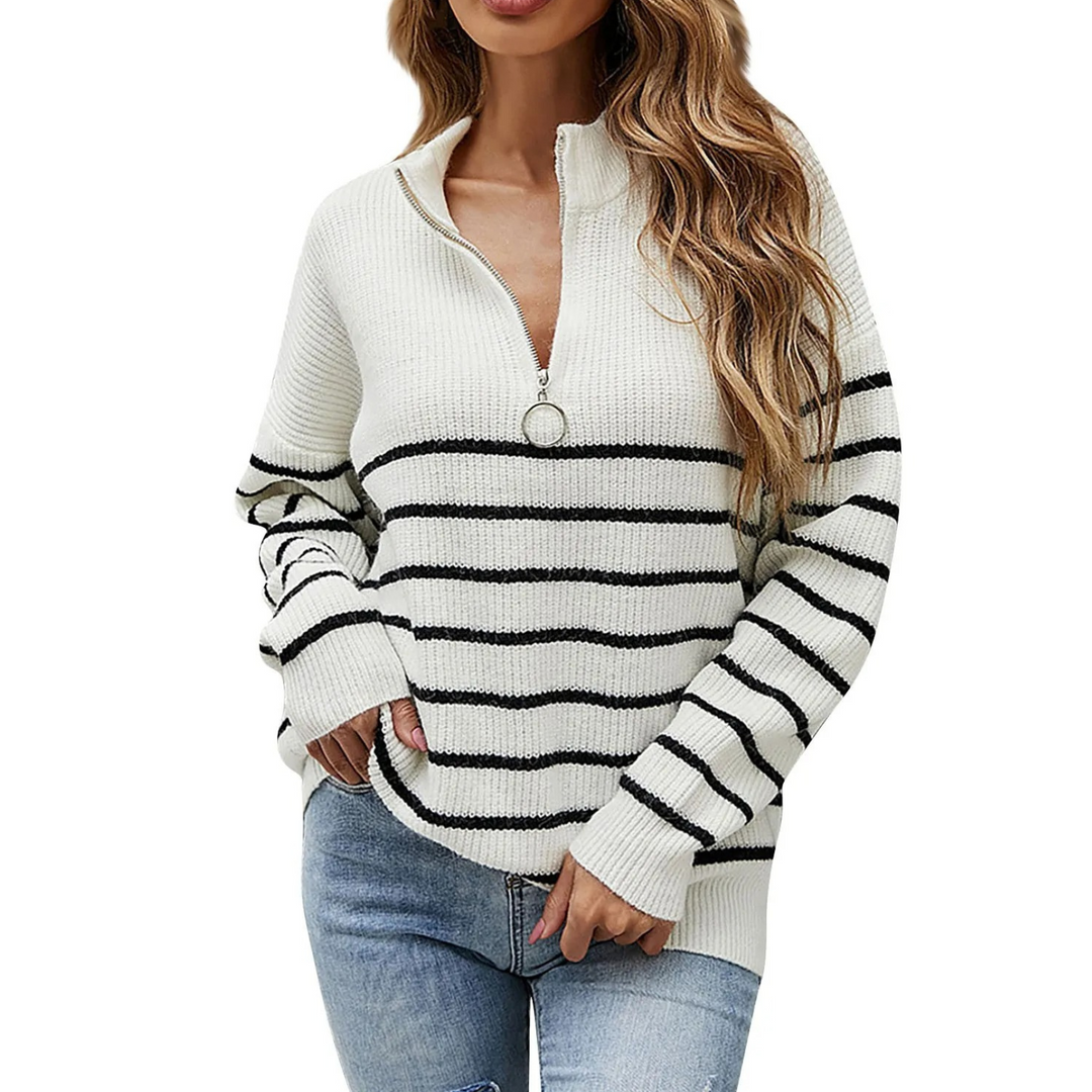 Levoire | Pull à zip pour femmes Modèle rayé, Ajustement flexible Blanc-Noir