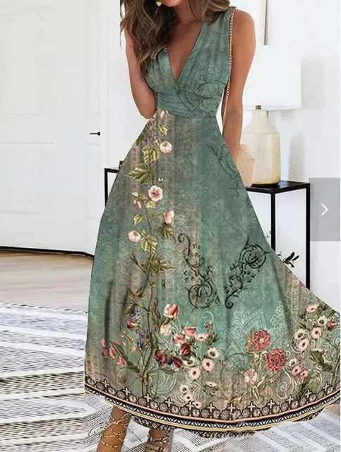 Levoire | Maxi-robe d'été sans manches pour femme, plage, longue robe d'été avec motif floral Vert
