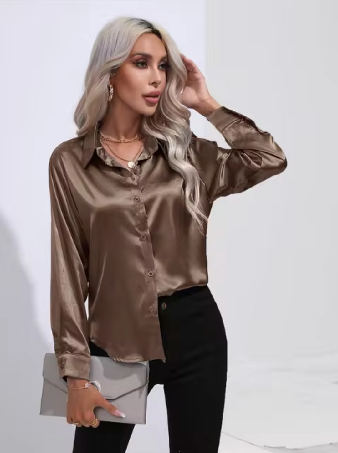 Levoire | Chemisier En Satin À Manches Longues Khaki