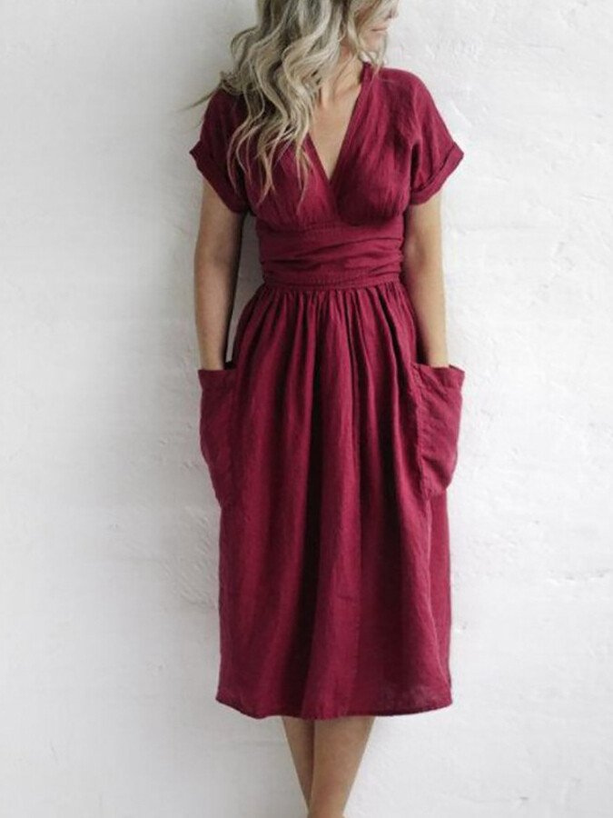 Levoire | Robe midi en lin à nouer avec ceinture pour femmes élégantes Rot