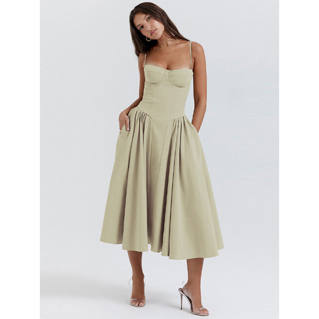 Levoire | Robe D'Invite De Mariage D'Été Plissée À Bretelles Spaghetti - Maxi Vert