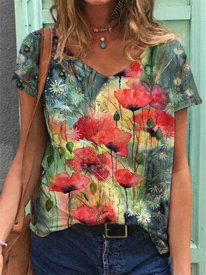 Levoire | Chemise À Col En V Peinture Art Floral Vert foncé