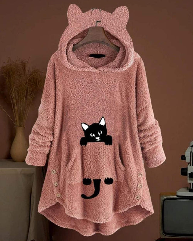 Levoire | Pull À Capuche Long Avec Capuche Et Design Unique D'Impression De Chat Rosa
