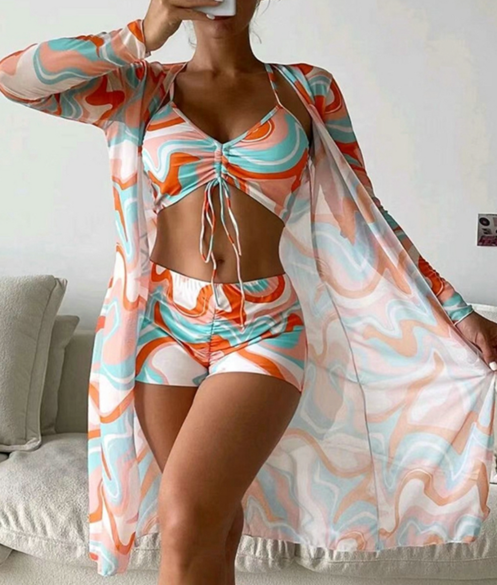 Levoire | Ensemble De Bikini Trois Pièces Avec Cover-Up Transparent Pour Dames Orange