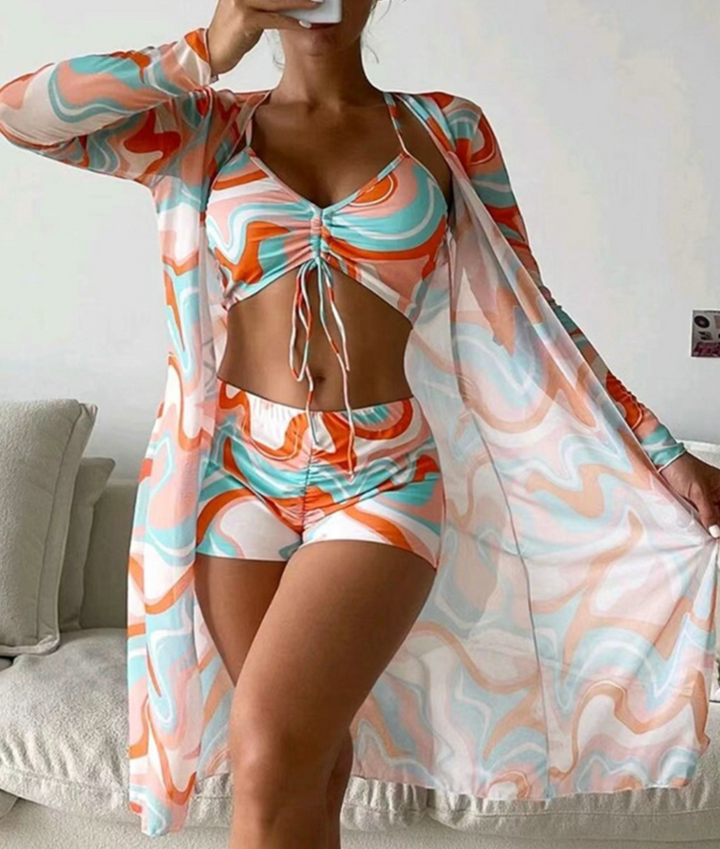 Levoire | Ensemble De Bikini Trois Pièces Avec Cover-Up Transparent Pour Dames Orange