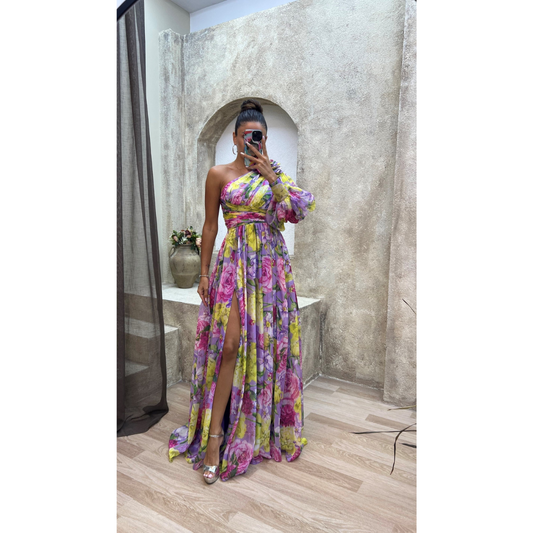 Levoire | Robe D'Invité De Mariage Asymétrique À Imprimé Floral - Maxi