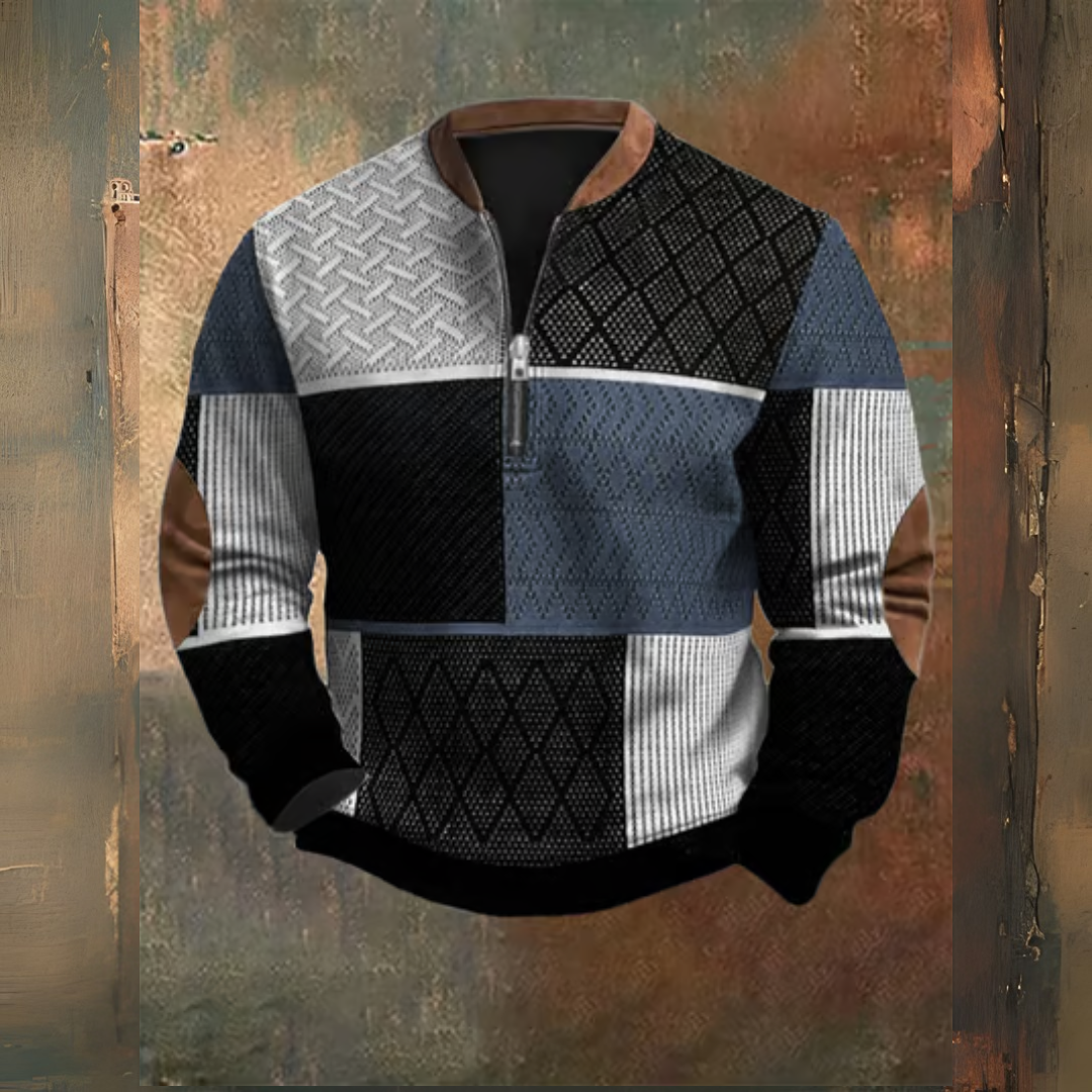 Levoire | Pull Rétro Western Avec Col Zippé Et Imprimé Texturé Bleu