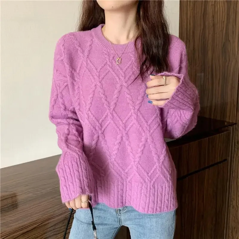 Levoire | Haut à manches longues pour femmes avec motif diamant, doux haut Rosa