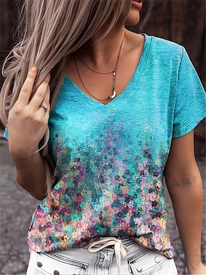 Levoire | T-shirt à col en V imprimé d'art floral Lac Bleu