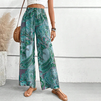 Levoire | Boho Pantalons D'Été Taille Haute Imprimées Vert