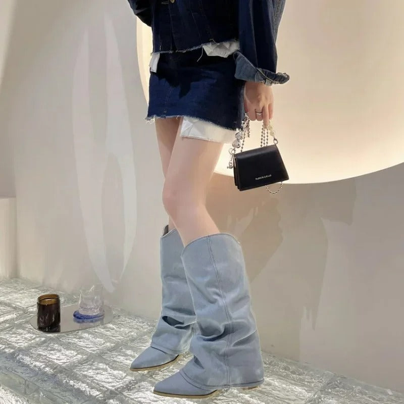 Levoire | Bottes Cowboy En Denim À Talon Haut