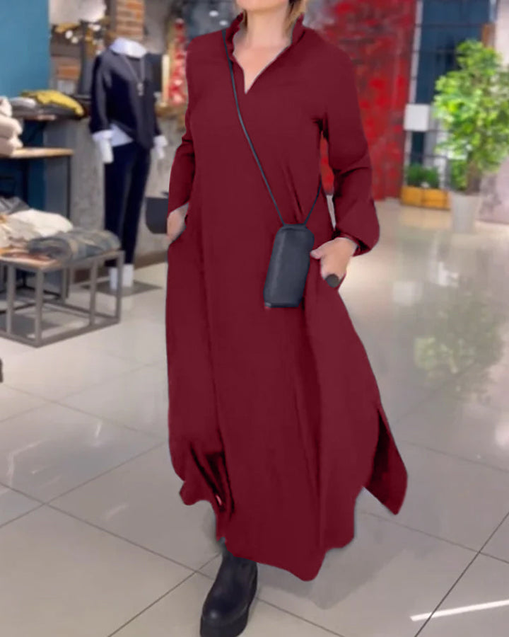 Levoire | Robe Longue Décontractée Revers Fente Latérale Bordeaux